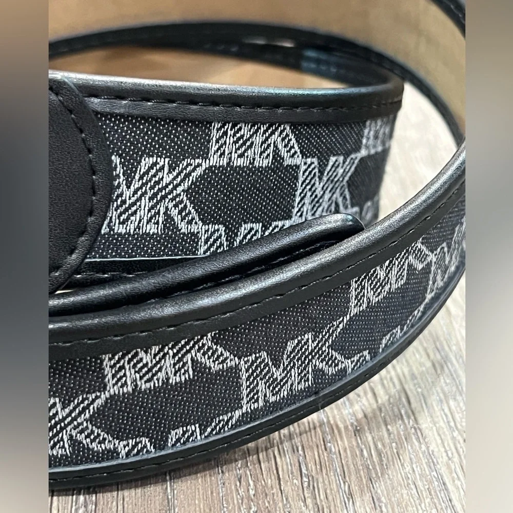Michael Kors Large (36) Black Canvas Leather MK Brass Logo Buckle Designer Belt